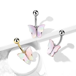 Oceľový piercing do bruška - motýľ s mušľou Abalone, PVD úprava - Farba: Zlatá