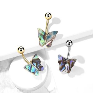 Oceľový piercing do bruška - symetrický motýľ s mušľou Abalone, PVD úprava - Farba: Zlatá
