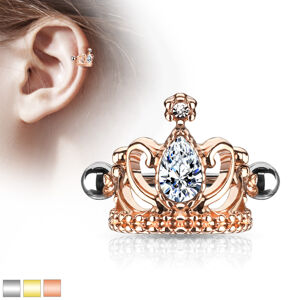 Oceľový piercing do ucha - kráľovská koruna so slzičkou, lesklá činka s guličkami - Farba: Zlatá