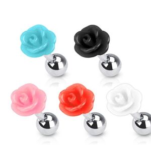 Oceľový piercing do ucha - motív rozkvitnutej ružičky z akrylu, guľôčka - Farba piercing: Čierna