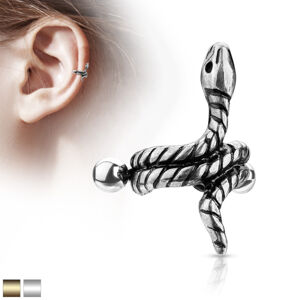 Oceľový piercing do ucha - stočený had s pásikmi na tele - Farba piercing: Zlatá