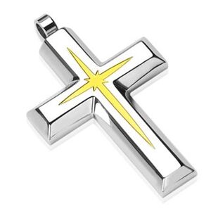 Oceľový prívesok - kríž s vnútorným menším krížikom zlatej farby