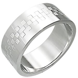 Oceľový prsteň lesklý so vzorom v tvare šachovince - Veľkosť: 59 mm