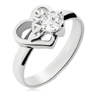 Oceľový prsteň s čírym kamienkom, obrys nesúmerného srdca, Love - Veľkosť: 57 mm