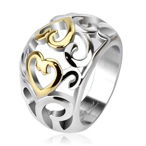 Oceľový prsteň s vyrezávaným ornamentom, zlato-strieborná farba - Veľkosť: 51 mm