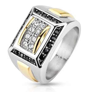 Oceľový prsteň striebornej a zlatej farby, čierne a číre zirkóny, obdĺžniky - Veľkosť: 69 mm
