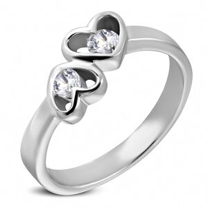 Oceľový prsteň striebornej farby, dve srdcia s čírymi zirkónmi - Veľkosť: 61 mm