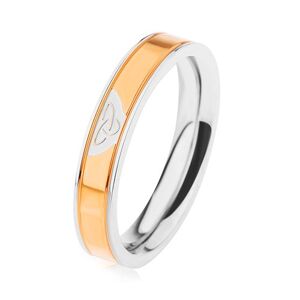 Oceľový prsteň striebornej farby, lesklý pás v zlatom odtieni, keltský uzol - Veľkosť: 59 mm