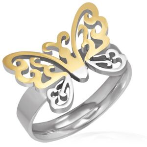 Oceľový prsteň - vyrezávaný motýľ zlato-striebornej farby - Veľkosť: 54 mm