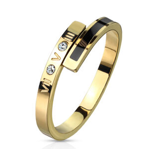 Oceľový prsteň zlatej farby - rímske číslice, dva číre zirkóniky, úzky pás s čiernou glazúrou, 2 mm - Veľkosť: 51 mm