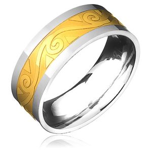 Oceľový prsteň - zlato-striebornej farby s motívom špirál vo vlnke - Veľkosť: 65 mm