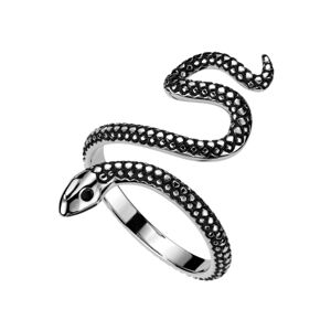 Otvorený prsteň z nehrdzavejúcej ocele - motív hada, strieborná farba s patinou - Veľkosť: 65 mm