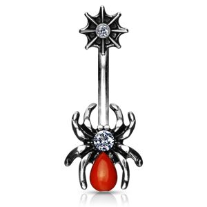 Patinovaný oceľový piercing do pupka - pavúk s pavučinou, červené bruško, zirkóny