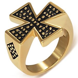 Pečatný prsteň z ocele zlatej farby - Maltézsky kríž - Veľkosť: 59 mm
