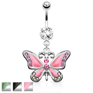 Piercing do pupka z chirurgickej ocele - visiaci motýľ s perleťovou glazúrou, žiarivé zirkóny, rôzne farby - Farba: Ružová