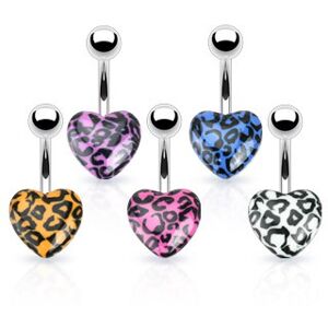 Piercing do pupka z ocele - farebné srdce s leopardím vzorom - Farba piercing: Modrá