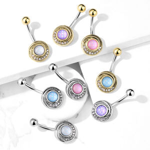 Piercing do pupka z ocele - vypuklý kruh s čírymi kryštálmi a farebným epoxidovým kameňom, rôzne farby - Farba piercing: Strieborná - ružová