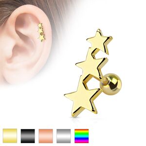 Piercing do tragusu z chirurgickej ocele - tri spojené hviezdy, gulička, rôzne farby - Farba piercing: Zlatá
