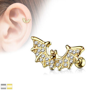 Piercing do tragusu z ocele - netopier s trblietavými krídlami a bruškom - Farba piercing: Zlatá