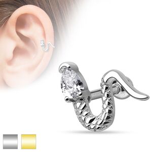 Piercing do ucha z chirurgickej ocele - zvlnený had s trojuholníkovým zirkónom - Farba piercing: Zlatá