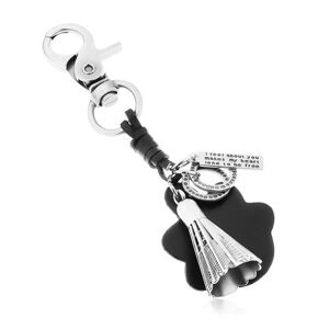 Prívesok na kľúče v sivej a čiernej farbe, bedmintonový košík, známka a kruhy