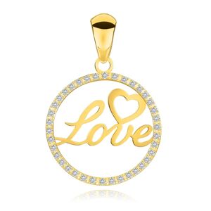 Prívesok v 14K žltom zlate - nápis Love a srdce v zirkónovej obruči