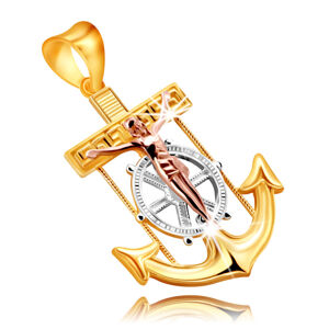 Prívesok z kombinovaného 14K zlata - námornícka kotva s Ježišom na kríži