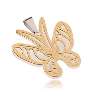 Prívesok zlato-striebornej farby z ocele, motýľ s pieskovaným povrchom