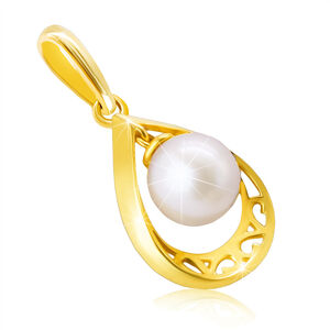 Prívesok zo 14K žltého zlata - kontúra slzy s výrezom ornamentov, perla bielej farby