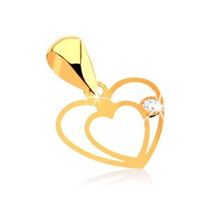 Prívesok zo žltého 9K zlata - jemný zdvojený obrys srdca, číry zirkónik