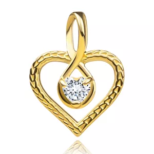 Prívesok zo žltého zlata 585 - štruktúrované srdce, zirkón v obryse kvapky