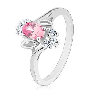 Prsteň v striebornom odtieni, ružový brúsený ovál, lístočky, číre zirkóny - Veľkosť: 54 mm