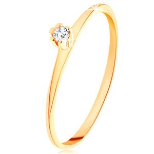 Prsteň v žltom 14K zlate - okrúhly číry diamant, tenké skosené ramená - Veľkosť: 50 mm