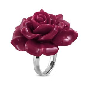 Prsteň z ocele 316L - veľká ružovofialová rozkvitnutá ruža zo živice - Veľkosť: 51 mm