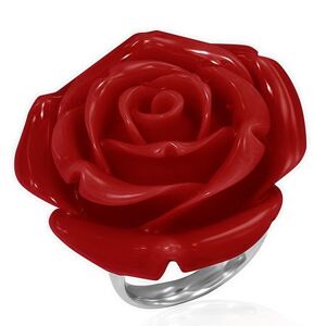 Prsteň z ocele - červená vykvitnutá ruža zo živice - Veľkosť: 52 mm