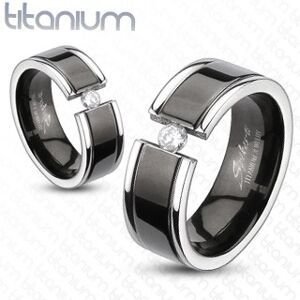 Prsteň z titánu - čierny pás, zirkón - Veľkosť: 61 mm