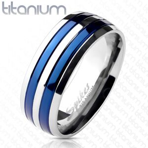 Prsteň z titánu s dvoma modrými pruhmi - Veľkosť: 65 mm