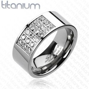 Prsteň z titánu s obdĺžnikovým výrezom vykladaným zirkónmi - Veľkosť: 62 mm