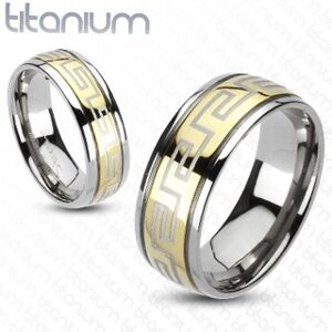 Prsteň z titánu - zlatá a strieborná farba, grécky motív - Veľkosť: 62 mm