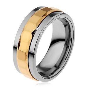Prsteň z tungstenu, strieborná a zlatá farba, otáčavý stredový pás so štvorcami, 8 mm - Veľkosť: 67 mm