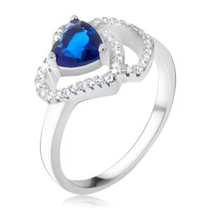 Prsteň zo striebra 925, modrý srdiečkový kameň, zirkónové obrysy sŕdc - Veľkosť: 55 mm