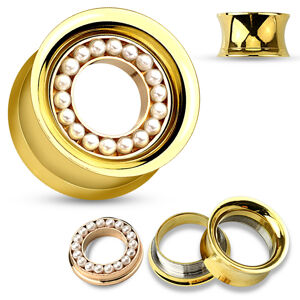 Sedlový tunel do ucha z ocele 316L v zlatom odtieni, lemovaný bielymi perličkami v kruhu - Hrúbka: 16  mm