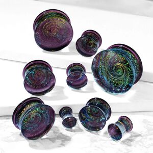 Sklenený plug do ucha - fialový, motív galaxie, špirála s farebnými glitrami - Hrúbka piercingu: 10 mm