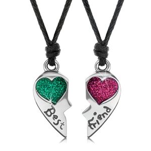 Šnúrkové náhrdelníky, rozpolené srdce, zelené a ružové srdiečko, Best Friend