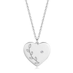 Strieborný 925 náhrdelník - briliant, ploché srdce, gravírované lístky