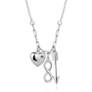 Strieborný 925 náhrdelník - čierny briliant, srdce, symbol Infinity, šíp