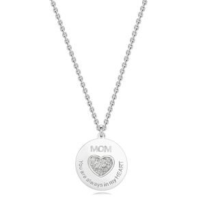 Strieborný 925 náhrdelník - lesklý kruh, trblietavé srdce s nápismi, "MOM"