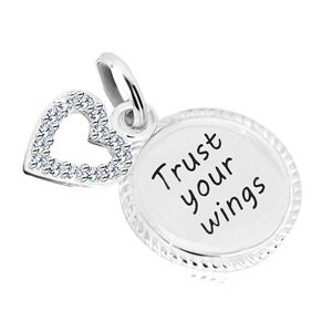 Strieborný 925 prívesok - krúžok s nápisom "Trust your wings", kontúra srdca so zirkónmi