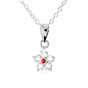 Strieborný náhrdelník 925, obrys kvetu s červenou guličkou uprostred