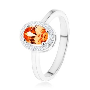 Strieborný prsteň 925, oranžový oválny zirkón, číry ligotavý lem - Veľkosť: 49 mm
